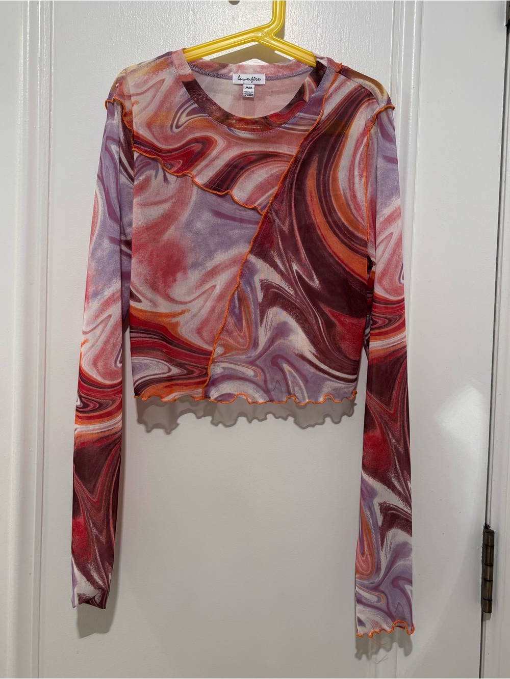 love, Fire Women's Long Sleeve Swirl Print Crop Top in Red, Purple, Orange